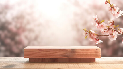 Empty wooden table product display showcase stage with spring blossom background