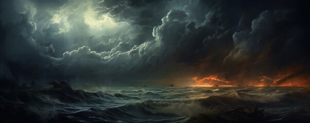 A dark storm background with sky, clouds and lightning Generative AI  - obrazy, fototapety, plakaty