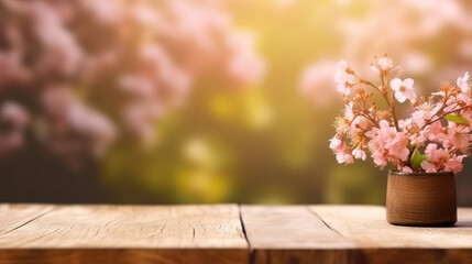 Empty wooden table product display showcase stage with spring blossom background