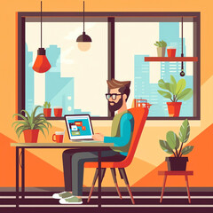 illustrations with flat cartoon characters working in office, co-working space or remotely at home, freelance, self-employment. People work at computers and laptops in modern interior. Generative AI.