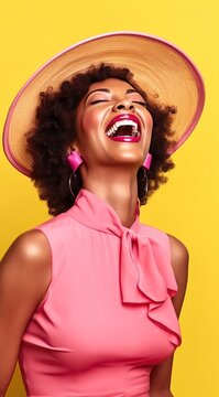 Young African American woman laughing in the studio in a pink dress on a yellow background. Generative AI