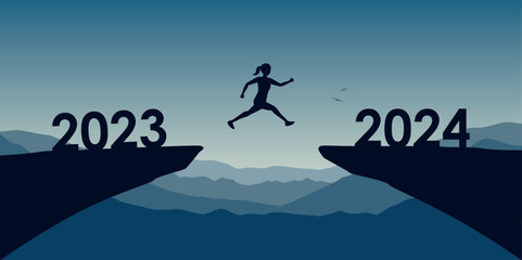 woman jumping over a cliff from 2023 to 2024 happy new year