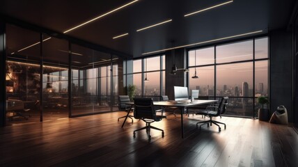 Comfortable and refined office space in a modern building. Dark muted tones, a wooden desktop with a desktop computer, expensive elite finishing materials, huge panoramic windows. Modern Generative AI