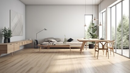 Modern spacious living room with large panoramic windows. Minimalist light interior in Scandinavian style, simple wooden furniture, light textiles, white walls. Generative AI