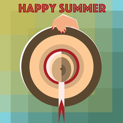 'happy summer' concept flat illustration, woman summer hat with red lace, woman hand holding a summer hat.