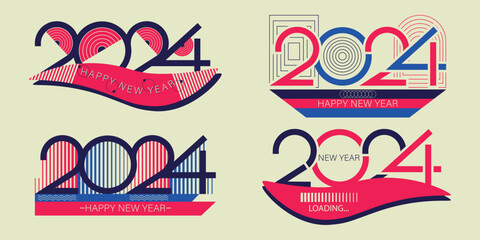  Happy New Year 2024 template design with colorful lines. Vector illustration for cover, calendar, design, social networks, graphics. Numbers 2024 with shapes and geometric shapes.