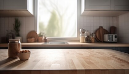 Fototapeta na wymiar Empty Wooden Countertop and Shelf in Kitchen Background. Generative AI illustrations.