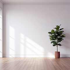 White wall mockup, plant and wood floor