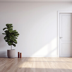 White wall mockup, plant and wood floor - obrazy, fototapety, plakaty