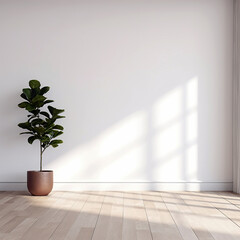 White wall mockup, plant and wood floor