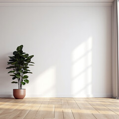 Fototapeta premium White wall mockup, plant and wood floor