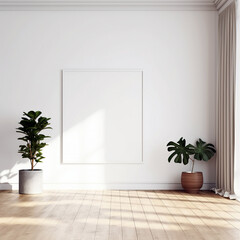 White wall mockup, plant and wood floor