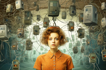 Girl in the center of the neural network, idea generation, fantastic imagination. Generative AI