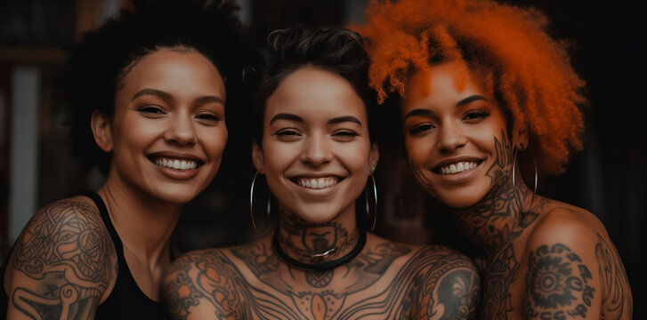 Three Latino attractive women with tattoo on body are smiling up at the camera, generative ai