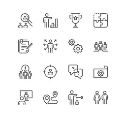 Set of business people and human resources related icons, office, management, collaboration, research, meeting, teamwork and linear variety symbols.