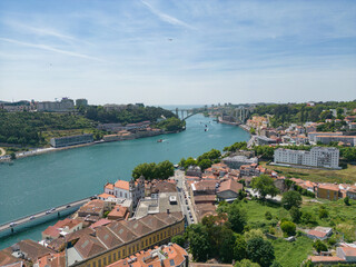 Aerial view of the Douro River in Porto. Aerial drone view of the city of Porto in Lisbon, the...