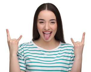 Happy woman showing her tongue and rock gesture on white background