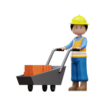3d construction worker with project cart