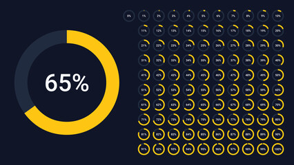 Circle percentage pie chart diagrams infographic from 0 to 100 numbers elements web design user interface UI UX - obrazy, fototapety, plakaty