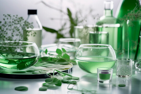 Organic Cosmetic laboratory concept. Glass petri dish with cosmetic products and green plants. Generative AI