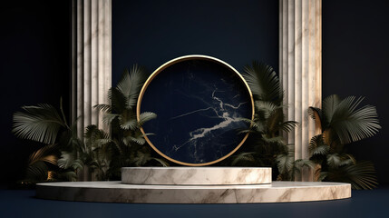 Product display marble podium with tropical leaves on a dark blue background. AI 