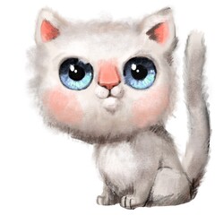 Cute watercolor cartoon white cat feline animal character hand drawn cuddly nursery illustration isolated on white background. Ideal for apparel, stationery. 
