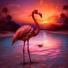Beautiful flamingo at sunset. Generative AI