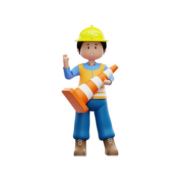 3d construction worker with traffic cone