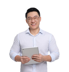 Businessman in formal clothes with tablet on white background