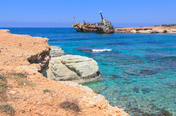 Old Edro III shipwreck near the coast - Paphos, Cyprus. Beautiful view of the bay on a sunny day.
