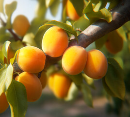 Apricot tree with ripe fruits hanging on a branch in orchard. Bunch of ripe apricots hanging on a tree in the garden. Generative AI