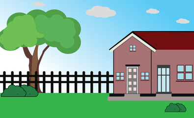 Fototapeta premium Stylish modern house facades design with the landscape background. Colorful buildings. Flat style vector illustration. green grass, blue sky.