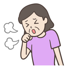 手を口元に当てて、咳をしている中年女性、おばさん