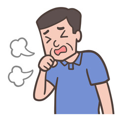 手を口元に当てて、咳をしている中年男性、おじさん