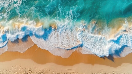 Fototapeta premium Aerial top down view of ocean waves on the beach