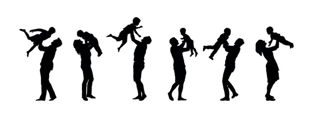 Parents lifting children in the air vector illustration set silhouette collection.
