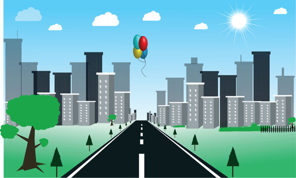 Background scene with road to city illustration . cute simple cartoon style
