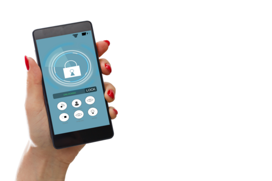 isolated woman hand holding the phone with system smart house
