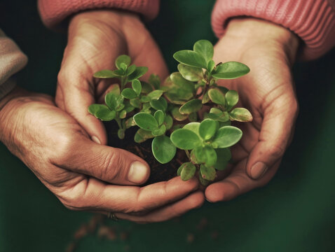 Close-up of the hands of two people holding a plant