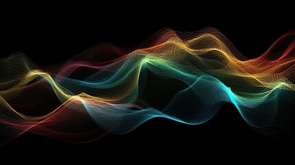 Abstract background with colorful wavy lines flowing and network vibration. Waveform for melody, audio, volume or signal at dark backdrop. Horizontal illustration for banner design. Generative AI.