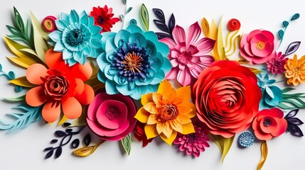 Abstract background with colorful paper cut flowers and leaves in quilling style. Summer or spring blooming bouquet botanical wallpaper. Horizontal illustration for banner design. Generative AI.