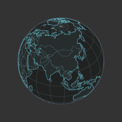 High quality vector World/Asia Map - globe in grey & blue colors. Isolated detailed editable illustration with countries & graticules on dark grey background with neon lighting effects.