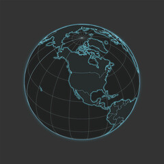 High quality vector World/North America Map - globe in grey & blue colors. Isolated detailed editable illustration with countries & graticules on dark grey background with neon lighting effects.