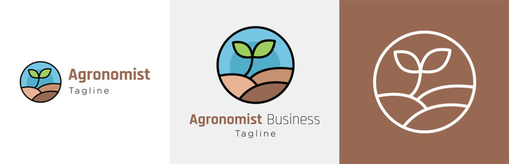 Obraz premium Agronomy consultant logo design set, farm soil expert modern logotype symbol, agronomist emblem concept, cultivation advisor specialist editable commercial illustration, seedling farming branding