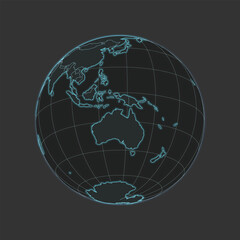 High quality vector World/Australia Map - globe in grey & blue colors. Isolated detailed editable illustration with countries & graticules on dark grey background with neon lighting effects.