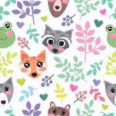 nursery seamless pattern with forest cutie animals on white background