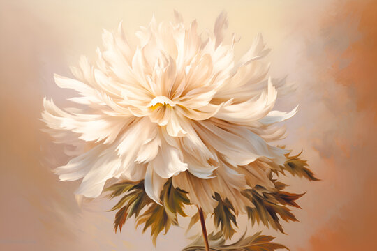 Single pale big flower. Cream colored dahlia painted in watercolor on light pastel pink background. Minimalistic floral background in tender paslet colors. Vertical floral banner. Generative AI