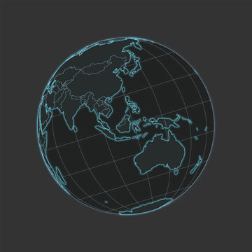 High quality vector World/Asia/Australia Map - globe in grey & blue colors. Isolated detailed editable illustration with countries & graticules on dark grey background with neon lighting effects.