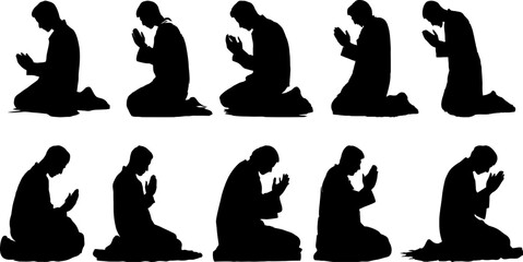 set of silhouettes of men raising their hands in prayer, kneeling and bowing