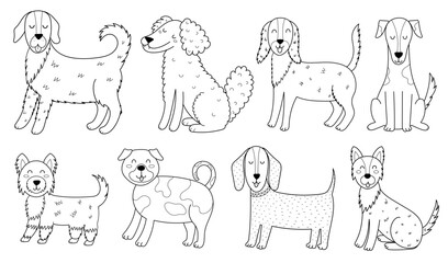 Cute dogs collection in black and white. Funny puppy characters outline set for coloring book and kids design. Vector illustration